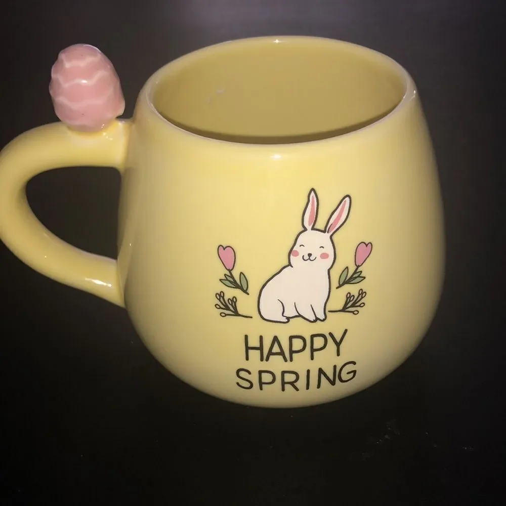 Eccolo happy spring Easter bunny rabbit pastel yellow mug with Easter egg